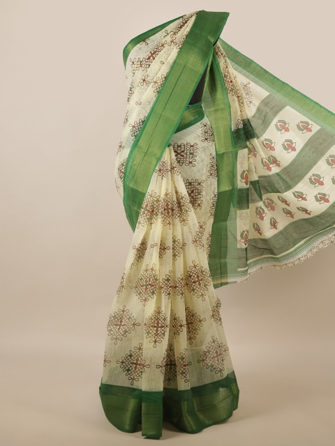 

Pothys Cream-Coloured & Green Ethnic Motifs Zari Saree