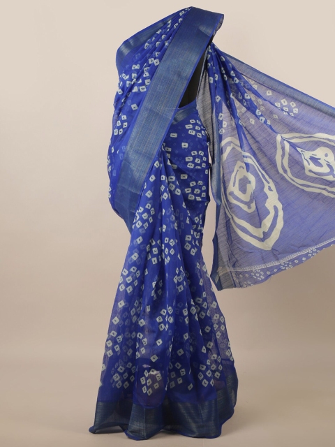 

Pothys Blue & White Cotton Blend Bandhani Saree