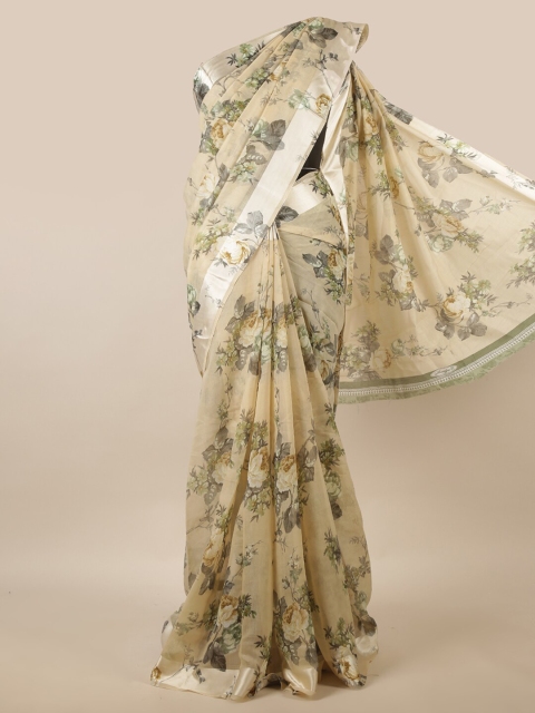 

Pothys Cream-Coloured & Green Floral Printed Saree