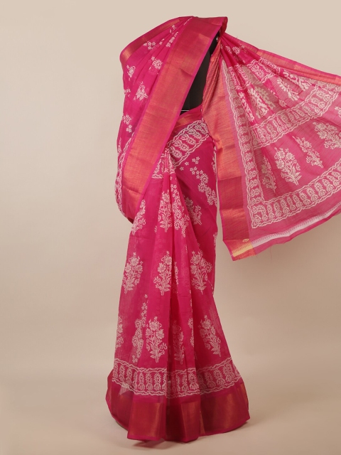 

Pothys Pink & White Ethnic Motifs Printed Zari Saree