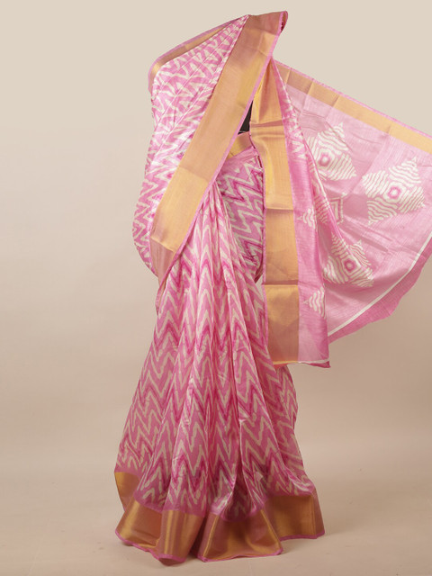 

Pothys Pink & Off White Cotton Blend Zari Saree