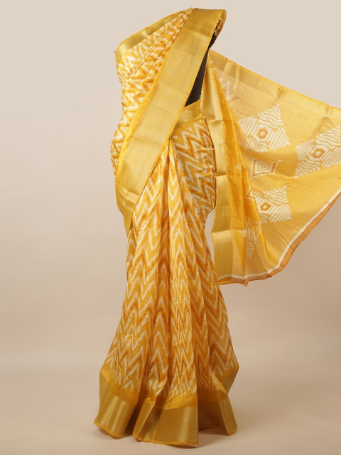 

Pothys Yellow & Off White Geometric Printed Cotton Blend Saree