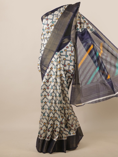 

Pothys Cream-Coloured & Mustard Ethnic Motifs Zari Saree