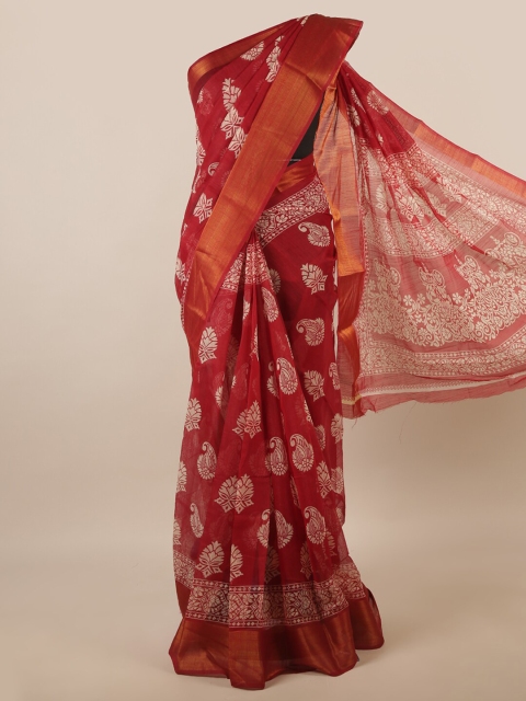 

Pothys Maroon & White Ethnic Motifs Printed Zari Saree