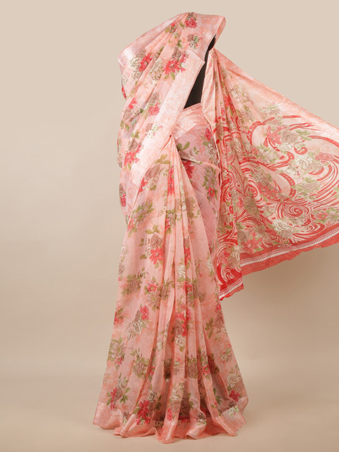

Pothys Peach-Coloured & Pink Floral Printed Zari Saree