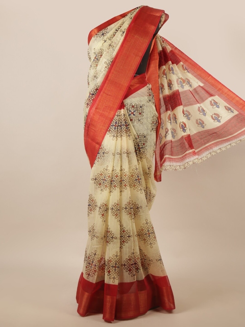 

Pothys Cream-Coloured & Red Ethnic Motifs Saree