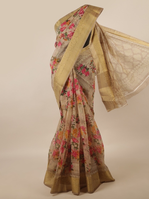 

Pothys Tan & Pink Cotton Blend Floral Zari Saree