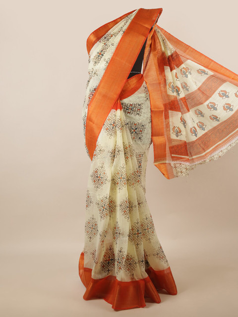 

Pothys Cream-Coloured & Orange Woven Design Zari Saree
