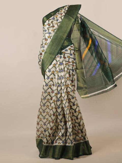 

Pothys Cream-Coloured & Green Ethnic Motifs Saree