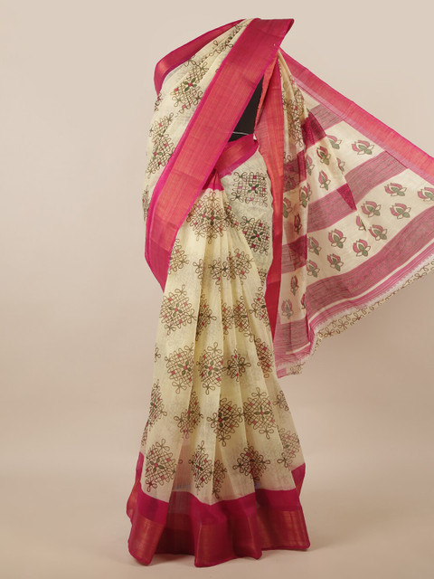 

Pothys Cream-Coloured & Pink Ethnic Motifs Saree