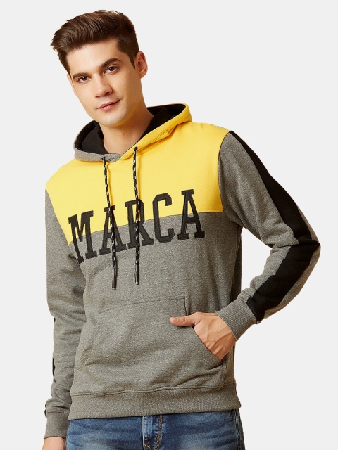 

MARCA Disati Men Grey & Yellow Colourblocked Applique Detail Hooded Sweatshirt