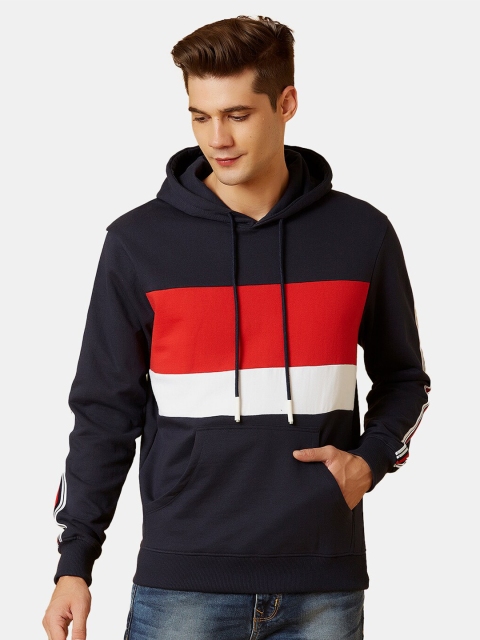 

MARCA Disati Men Navy Blue & Red Colourblocked Hooded Sweatshirt