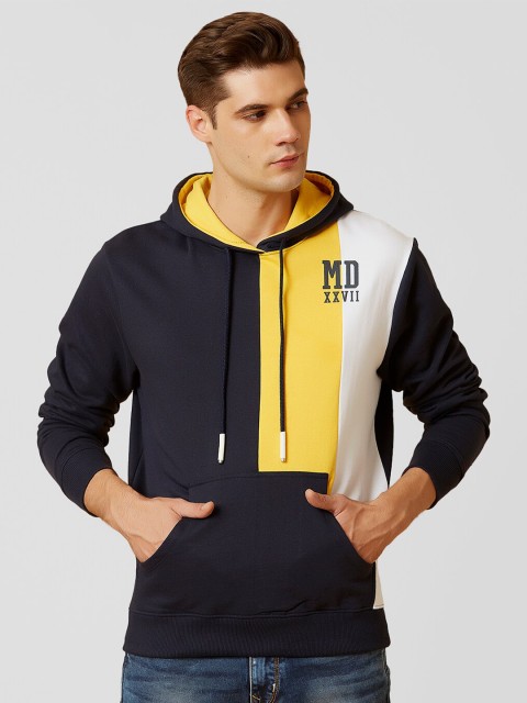 

MARCA Disati Men Navy Blue & Yellow Hooded Sweatshirt