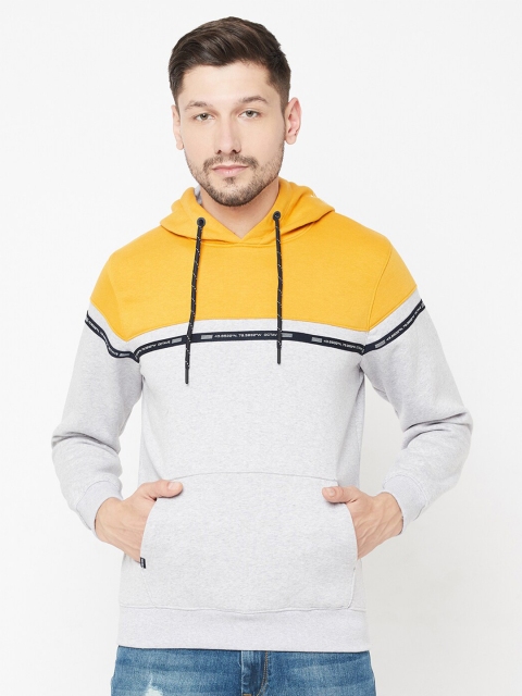 

Octave Men Grey Melange & Yellow Colourblocked Hooded Sweatshirt