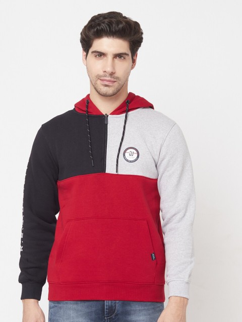 

Octave Men Red & Navy Blue Colourblocked Hooded Sweatshirt, Maroon