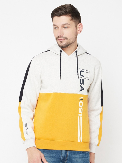 

Octave Men Mustard Yellow & White Colourblocked Hooded Sweatshirt