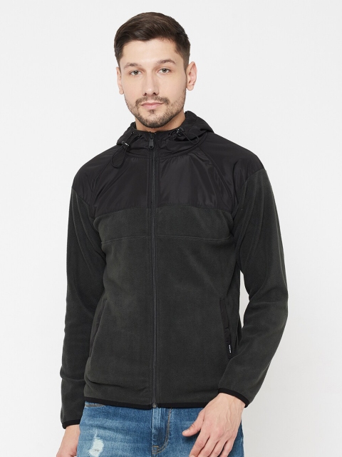 

Octave Men Olive Green & Black Solid Hooded Sweatshirt
