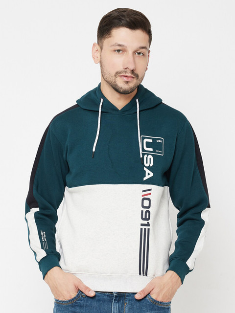 

Octave Men Teal Green & White Colourblocked Hooded Sweatshirt