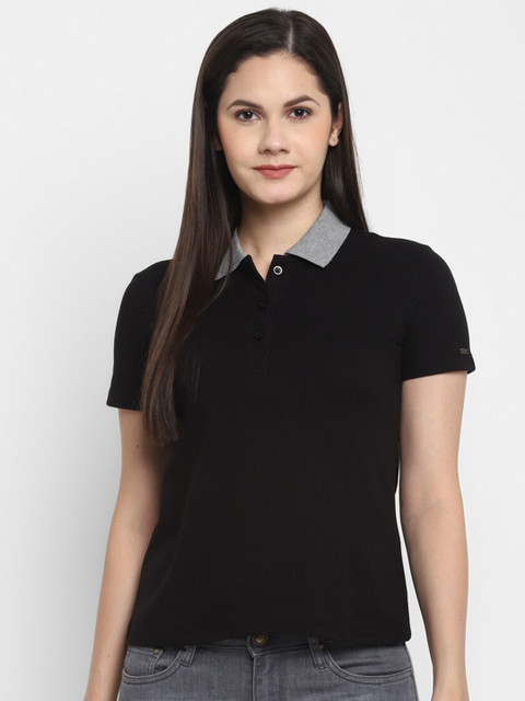 

LAMOURE BY RED CHIEF Women Black Polo Collar T-shirt