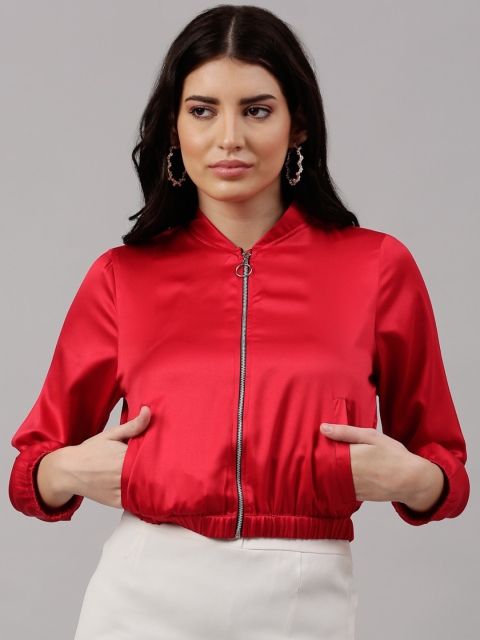 

NEUDIS Women Red Satin Crop Bomber Jacket