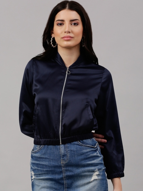 NEUDIS Women Navy Blue Satin Crop Bomber Jacket
