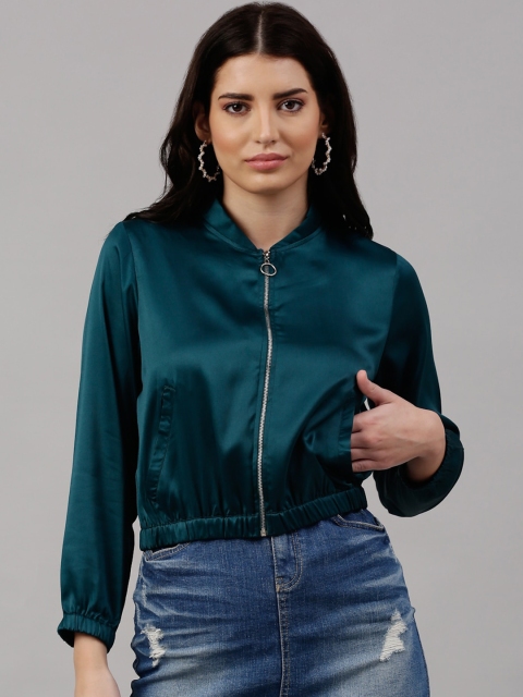 

NEUDIS Women Green Satin Crop Bomber Jacket