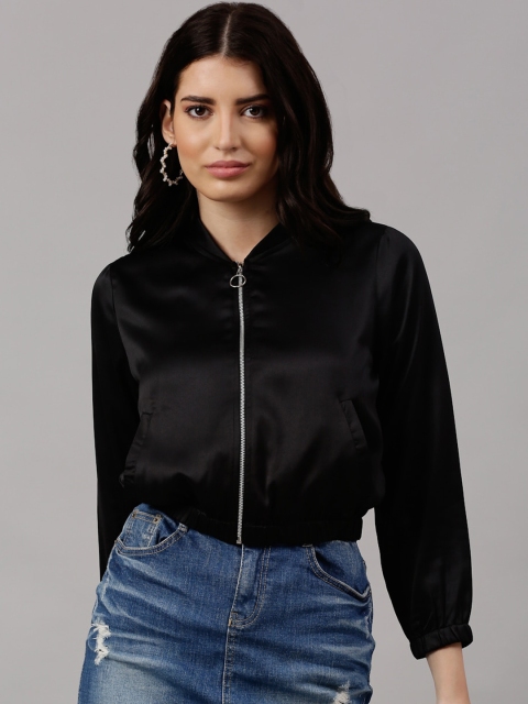 

NEUDIS Women Black Satin Crop Bomber Jacket