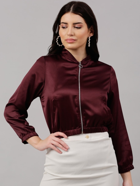 

NEUDIS Women Burgundy Satin Crop Bomber Jacket