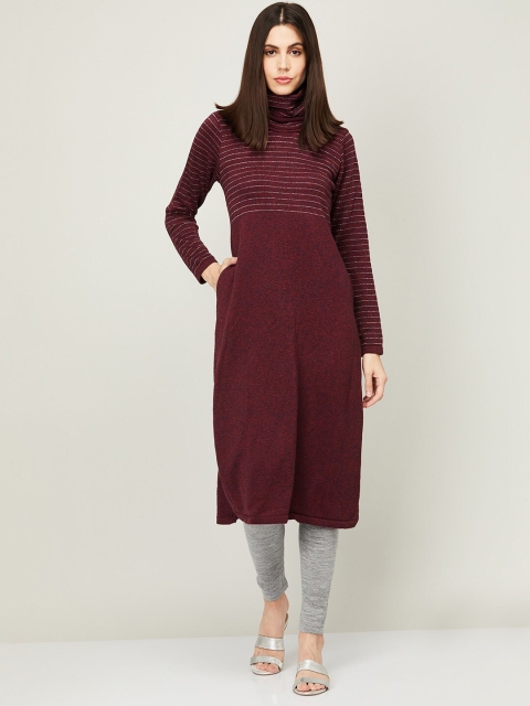

Colour Me by Melange Red High Neck Striped Acrylic Tunic