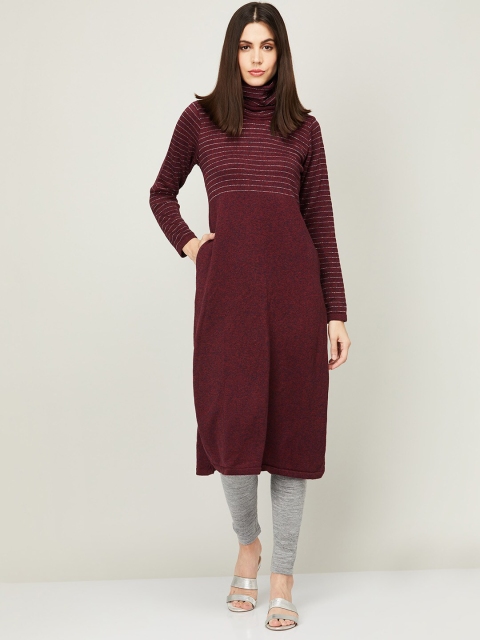 

Colour Me by Melange Burgundy & White High Neck Striped Acrylic Tunic