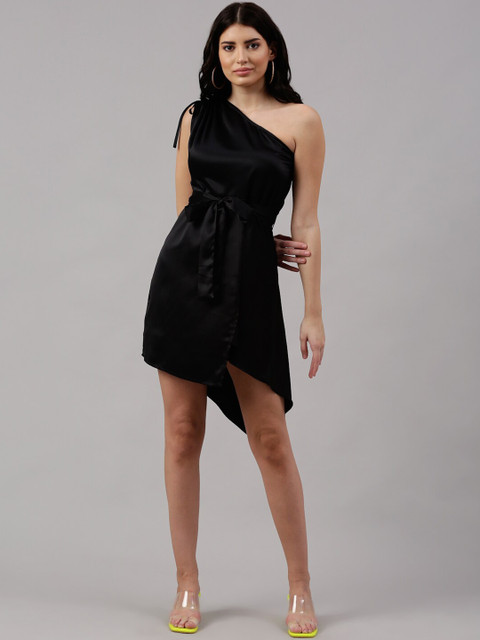 

NEUDIS Women Black One Shoulder Belted Satin A-Line Dress