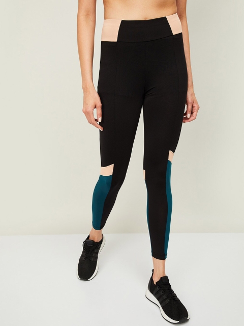 

Kappa Women Black & Teal Blue Solid Cotton Tights
