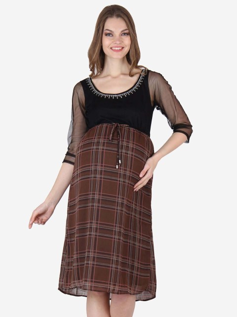 

Preggear Brown Checked Crepe Empire Dress