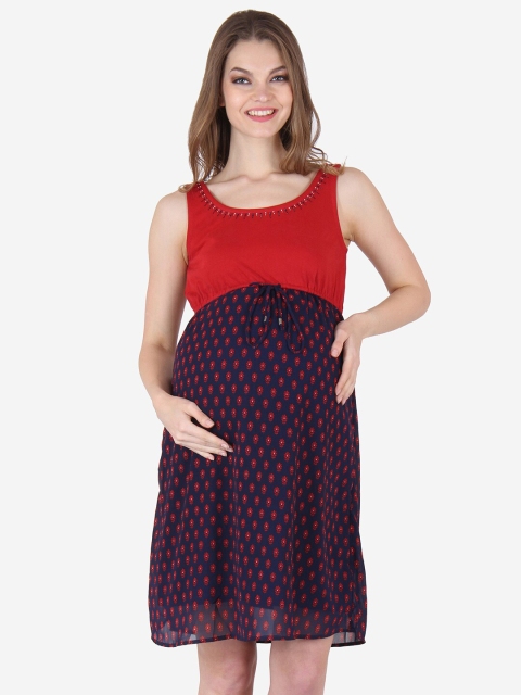 

Preggear Navy Blue & Red Rhinestone neckline Georgette Maternity Empire Dress