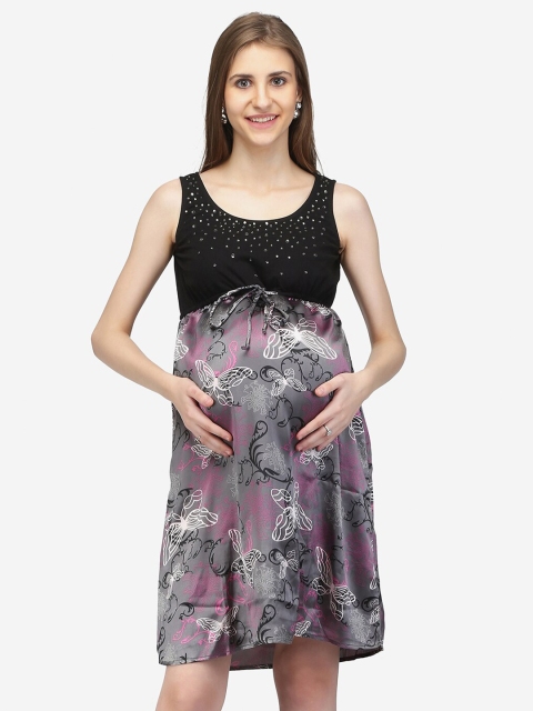 

Preggear Grey & Black Floral Satin Maternity Empire Dress