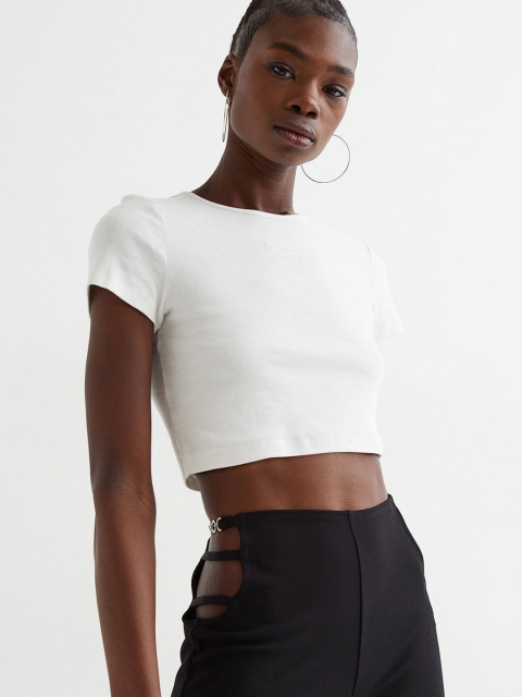 

H&M White Solid Overlocked Pure Cotton Cropped Top
