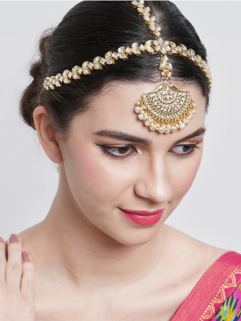 

KARATCART Gold-Plated & White Kundan Studded Peacock Shaped Mathapatti