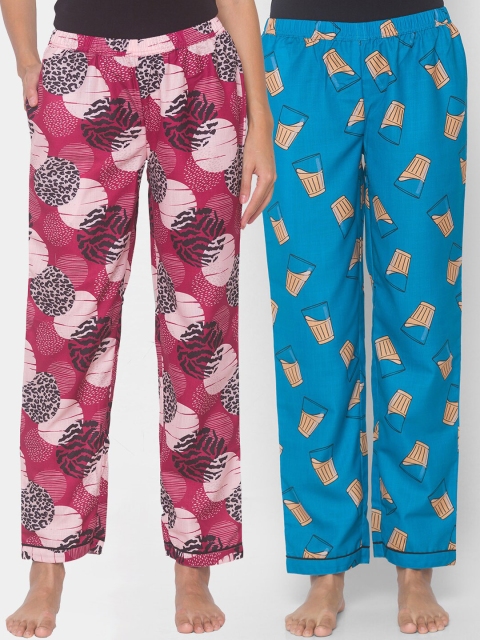 

FashionRack Women Blue & Maroon Pack of 2 Printed Cotton Lounge Pants