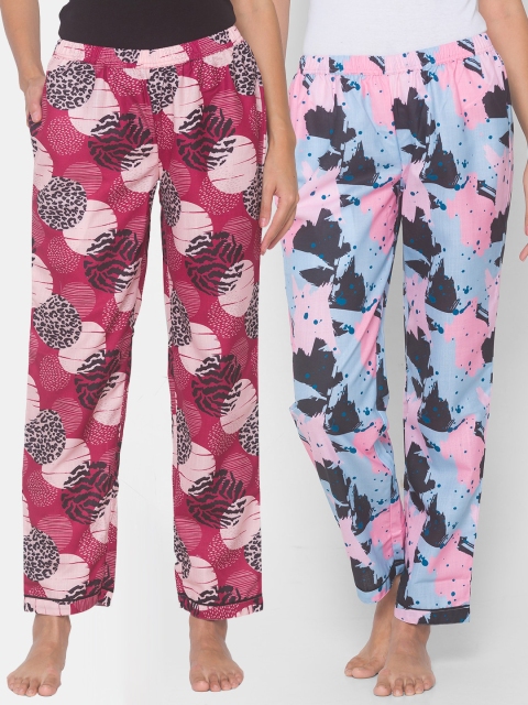 

FashionRack Women Maroon & Blue Pack of 2 Cotton Printed Pyjamas