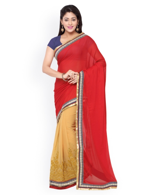 

Touch Trends Red & Beige Embroidered Chiffon Saree