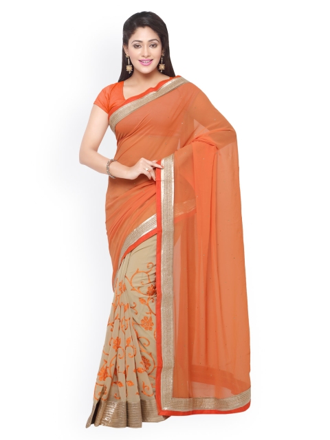 

Touch Trends Peach-Coloured & Beige Embroidered Georgette Embellished Saree