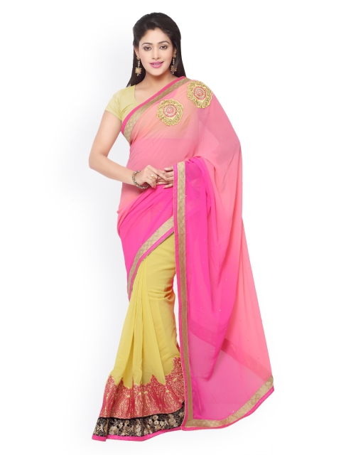 

Touch Trends Pink & Yellow Embroidered Georgette Embellished Saree