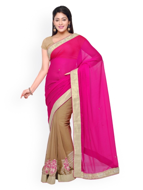 

Touch Trends Beige & Pink Raw Silk & Georgette Embellished Saree