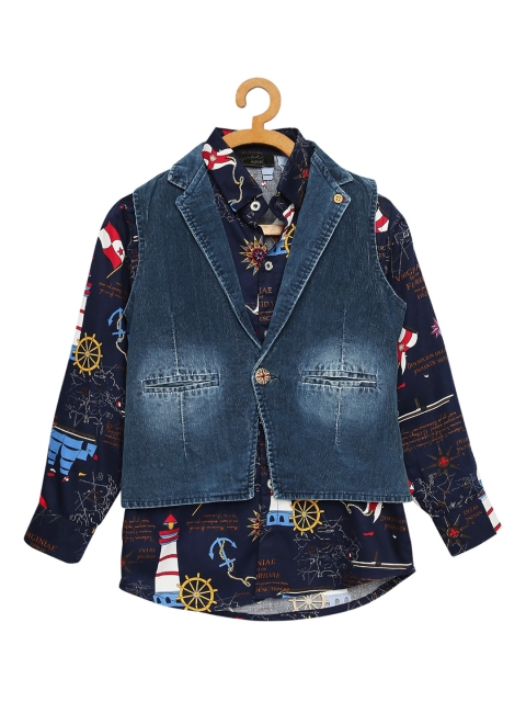 

Actuel Boys Blue & Black Denim Waistcoat With Cotton Printed Shirt