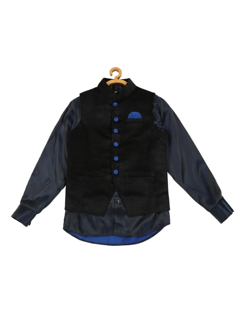 

Actuel Boys Black & Navy Velvet Nehru Jacket with Satin Shirt