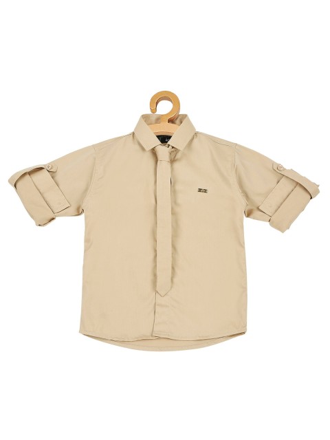 

Actuel Boys Beige Opaque Casual Cotton Shirt With Tie