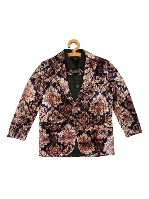 

Actuel Boys Navy Blue & Beige Printed Single Breasted Velvet Blazer with Shirt & Bow