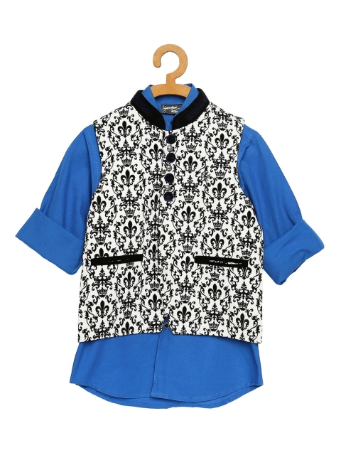 

Actuel Boys Blue & Black Nehru Jacket With Shirt, White