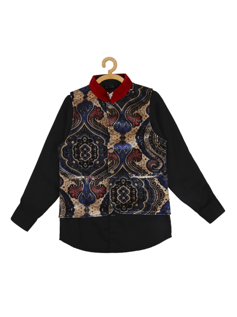 

Actuel Boys Beige & Black Printed Nehru Jacket with Shirt