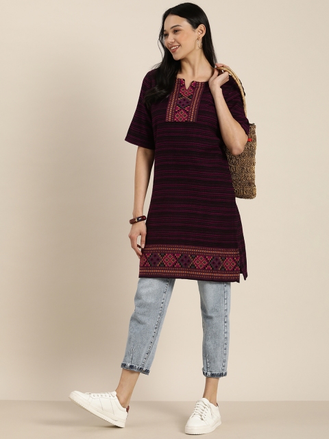 

Taavi Women Black & Fuchsia Woven Design Bhujodi Winterwear Striped Winter Wear Kurta